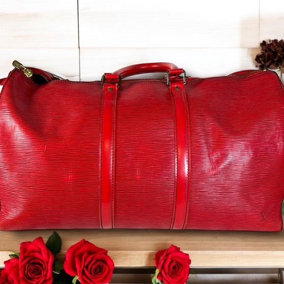 Louis Vuitton EPI Leather Keepall 50 Castilian Red w/ Luggage tag & Poingnat COA - Picture 2 of 16